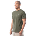Man wearing a green t-shirt with a logo on a white background