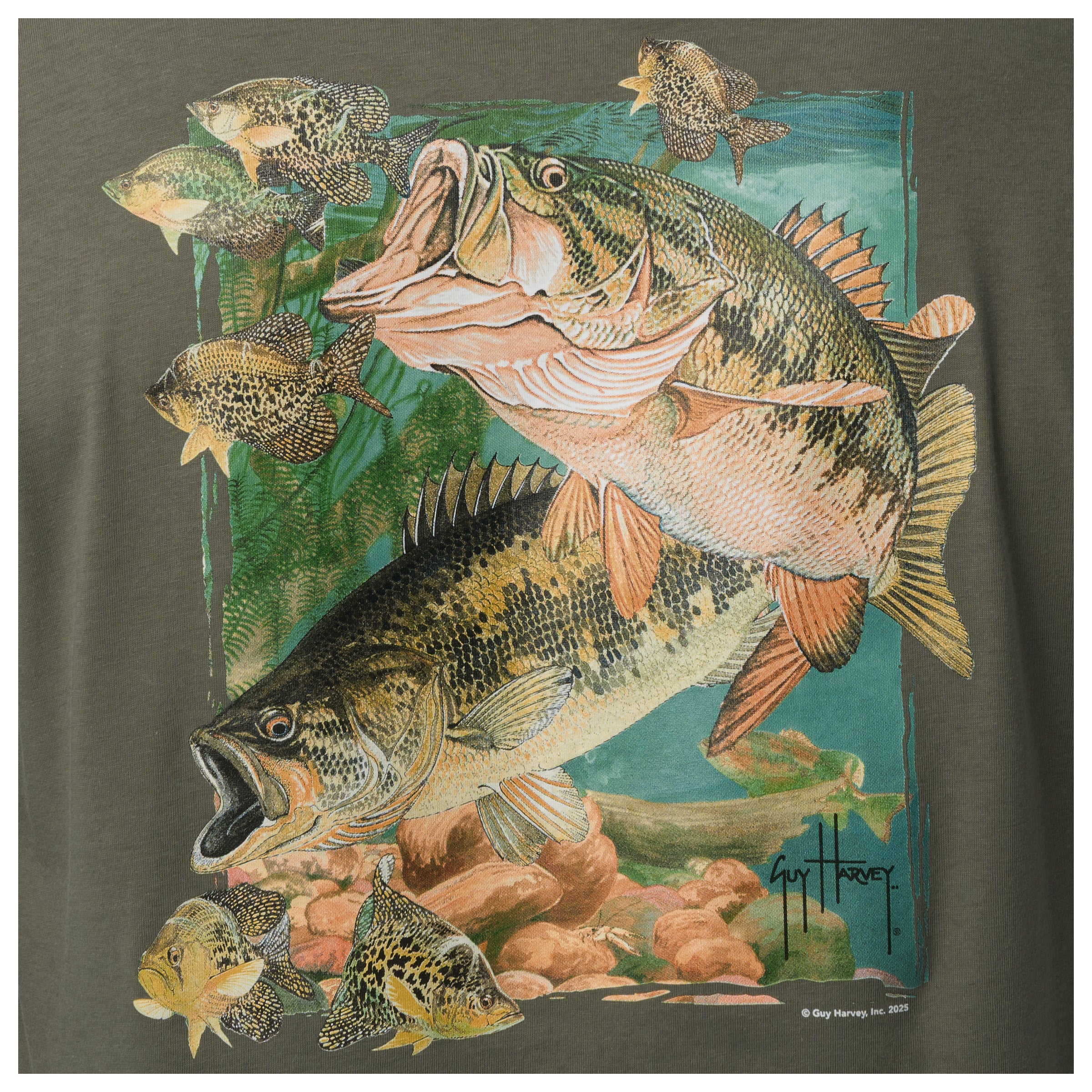 T-shirt with a graphic of large and smallmouth bass on a green background