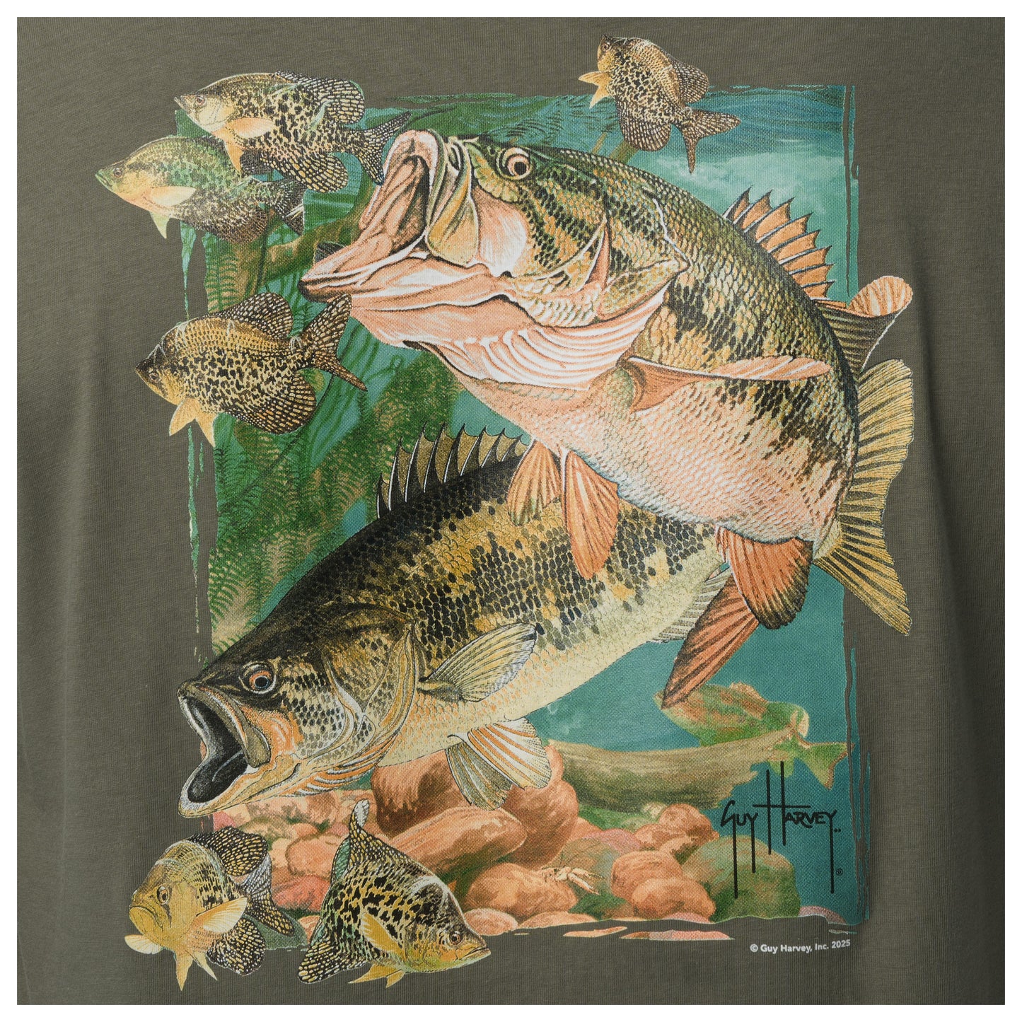T-shirt with a graphic of large and smallmouth bass on a green background