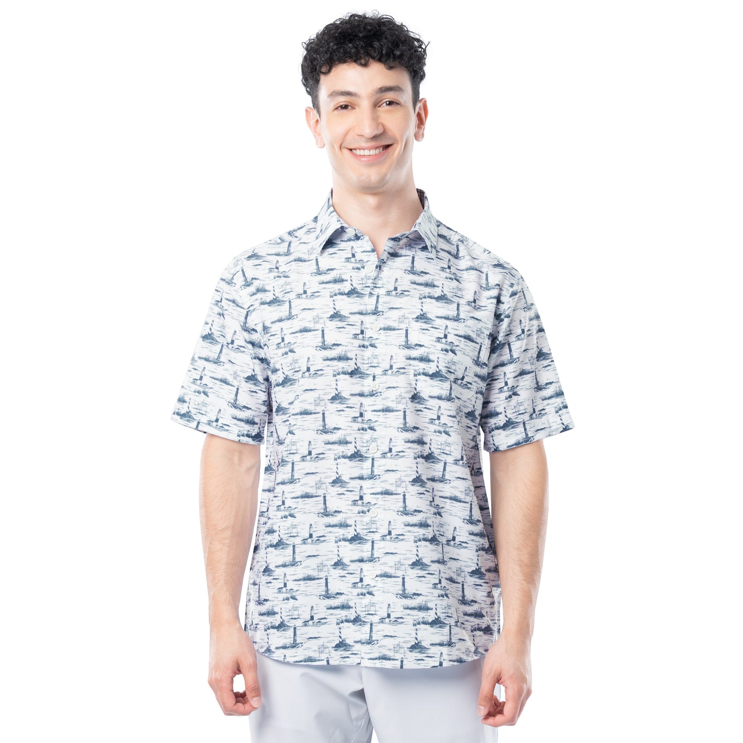 Man wearing white and navy Men’s Lighthouse Toile short-sleeve performance fishing shirt with UPF 40 and ventilated back.