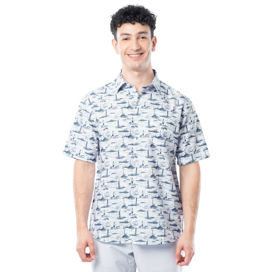 Man wearing white and navy Men’s Lighthouse Toile short-sleeve performance fishing shirt with UPF 40 and ventilated back.