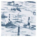 Fabric with blue and white design of lighthouses and houses, featuring the brand 'Guy Harvey'.