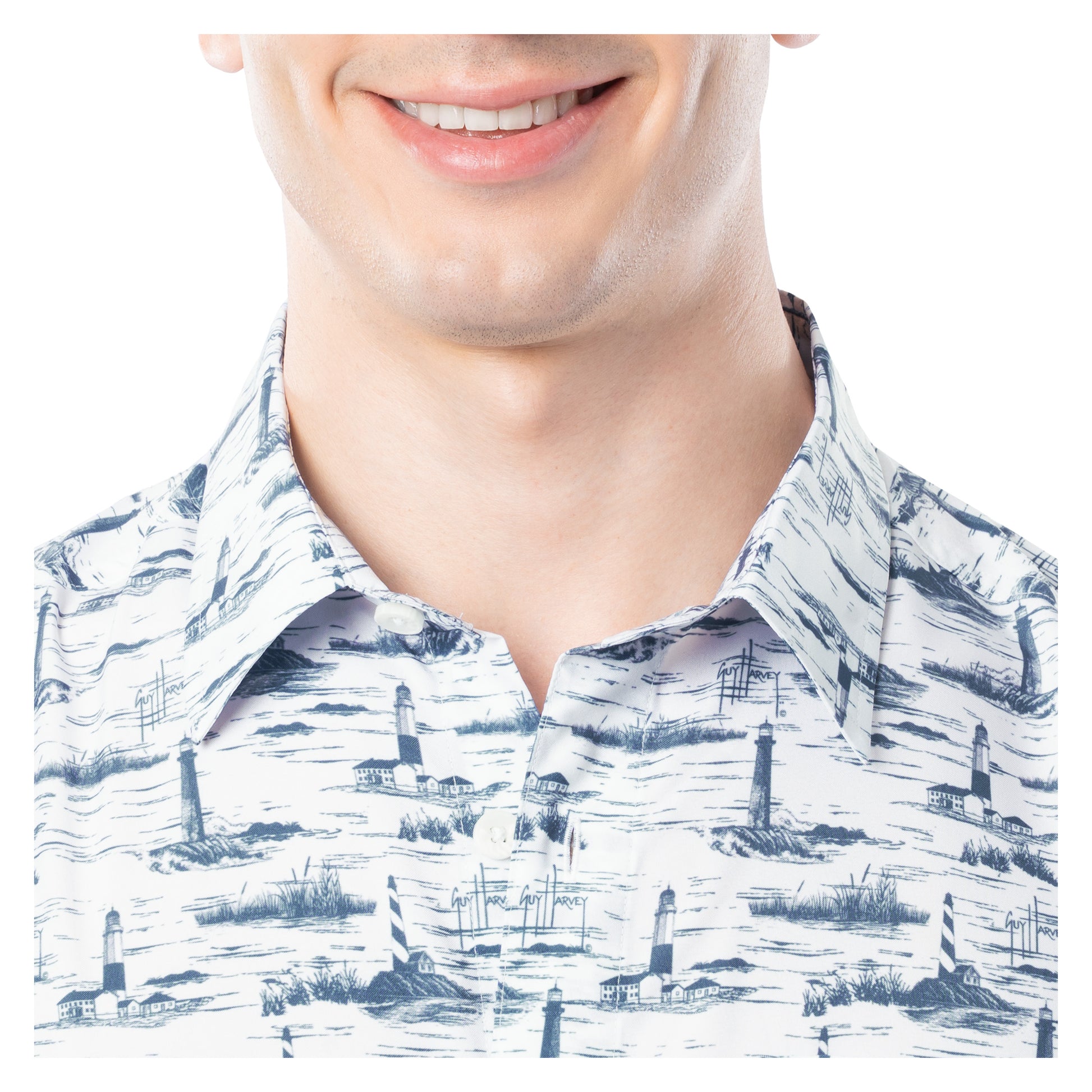 Close-up of a person wearing a patterned shirt with lighthouse design on a white background
