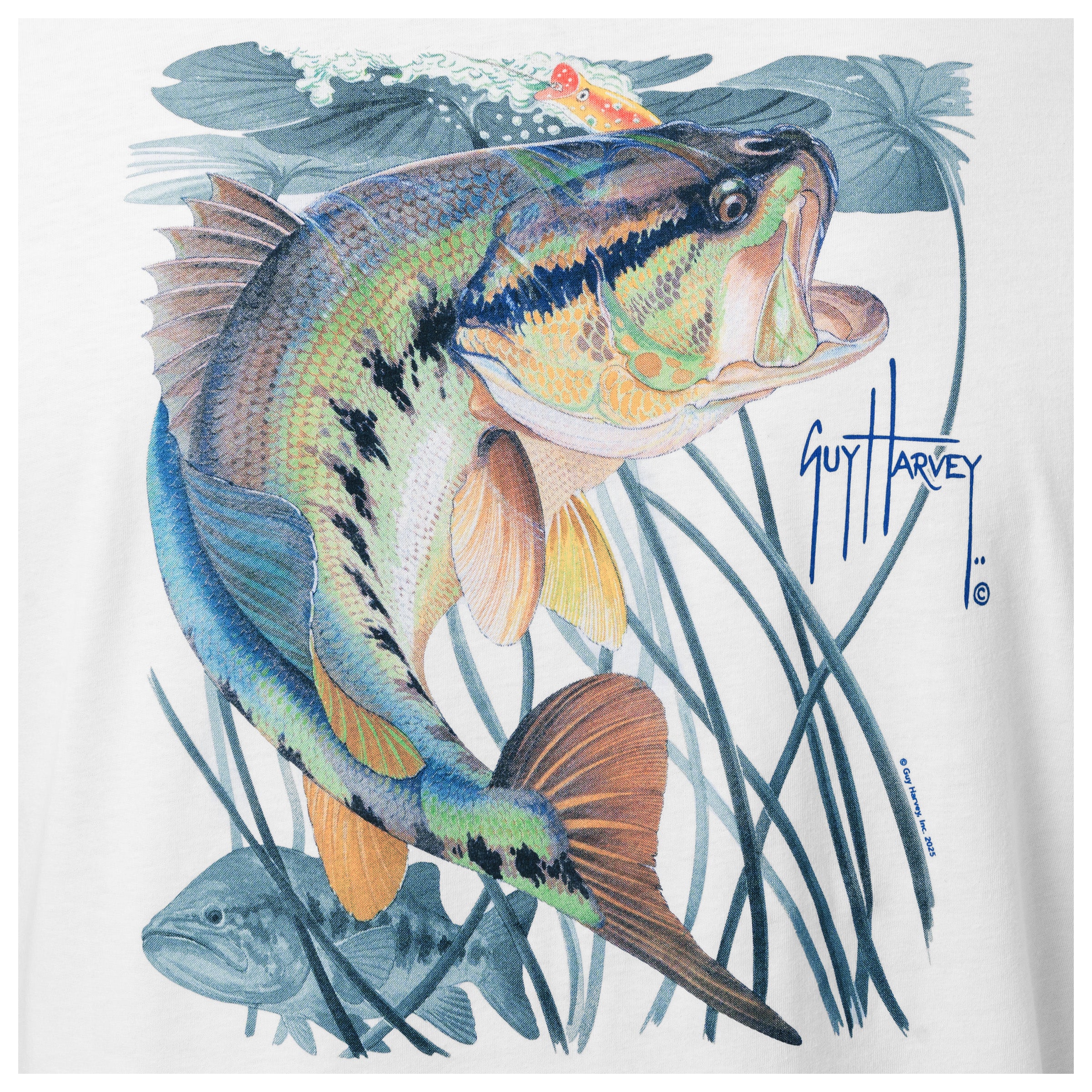 Colorful Bass fish illustration with underwater elements on a white background, signed by Guy Harvey.