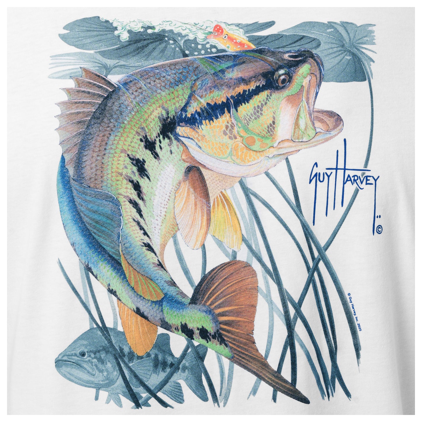 Colorful Bass fish illustration with underwater elements on a white background, signed by Guy Harvey.
