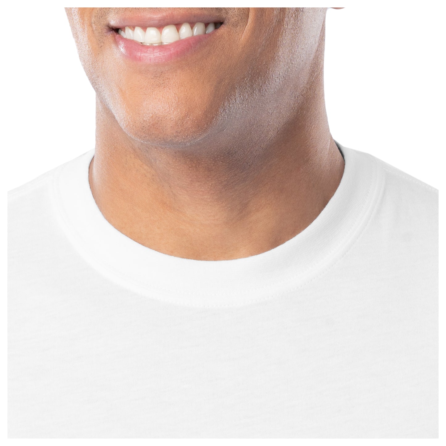 Close-up of a person wearing a white shirt with a visible neck and shoulders.