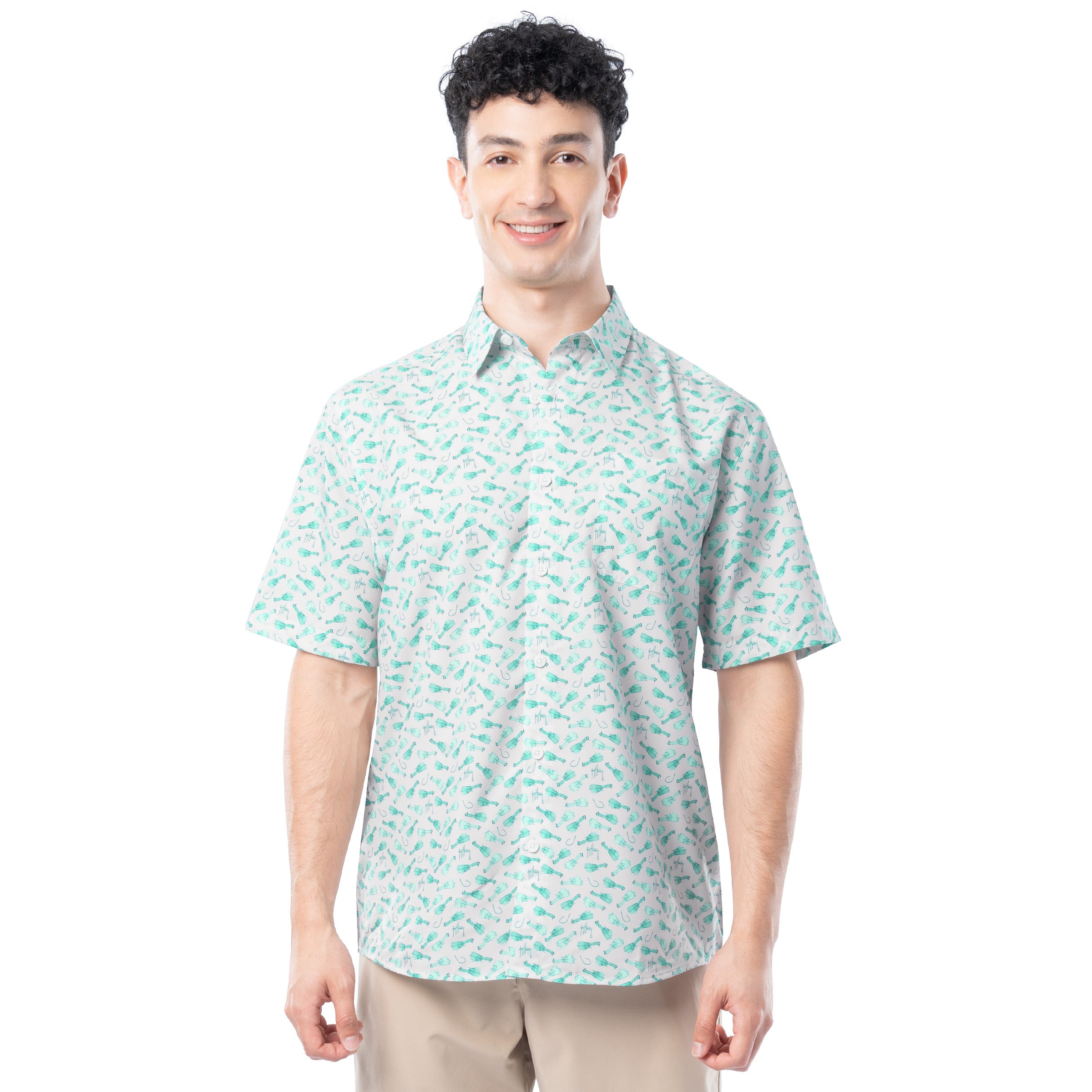 Man wearing white Men’s Micro Lure short-sleeve performance fishing shirt with lure print, UPF 40, and ventilated back.