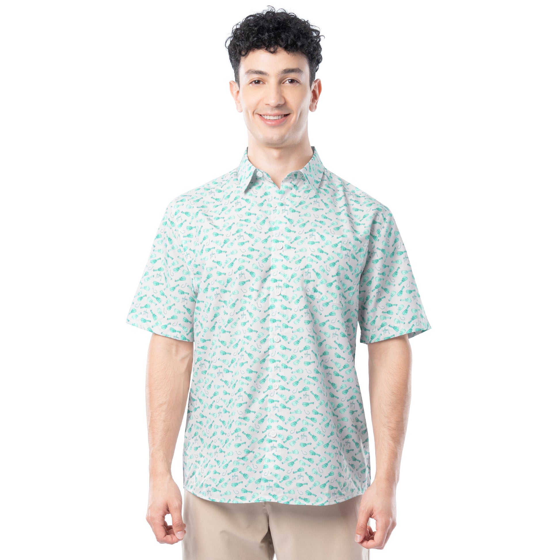 Man wearing white Men’s Micro Lure short-sleeve performance fishing shirt with lure print, UPF 40, and ventilated back.