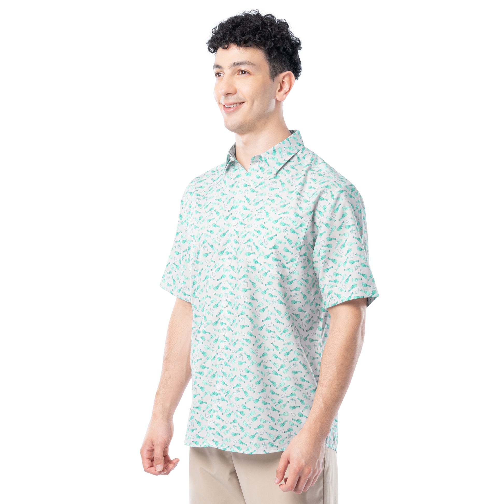 Man wearing a light green patterned shirt on a white background