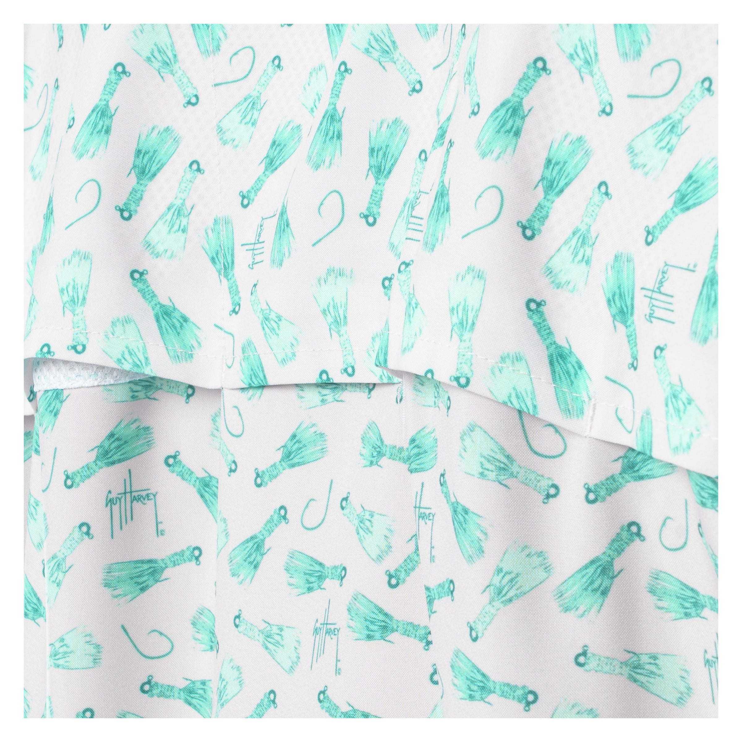 Ventilated Back with the Teal and black patterned fabric on a white background