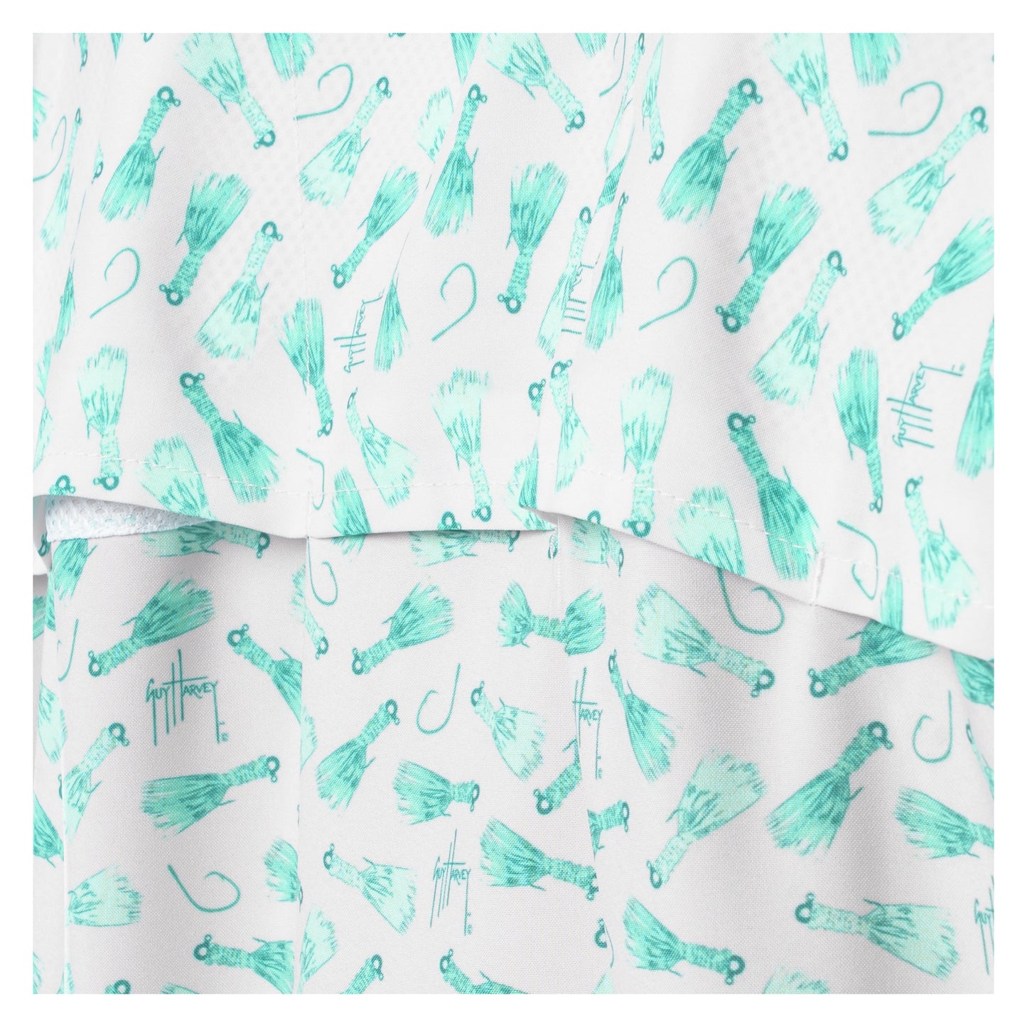 Ventilated Back with the Teal and black patterned fabric on a white background