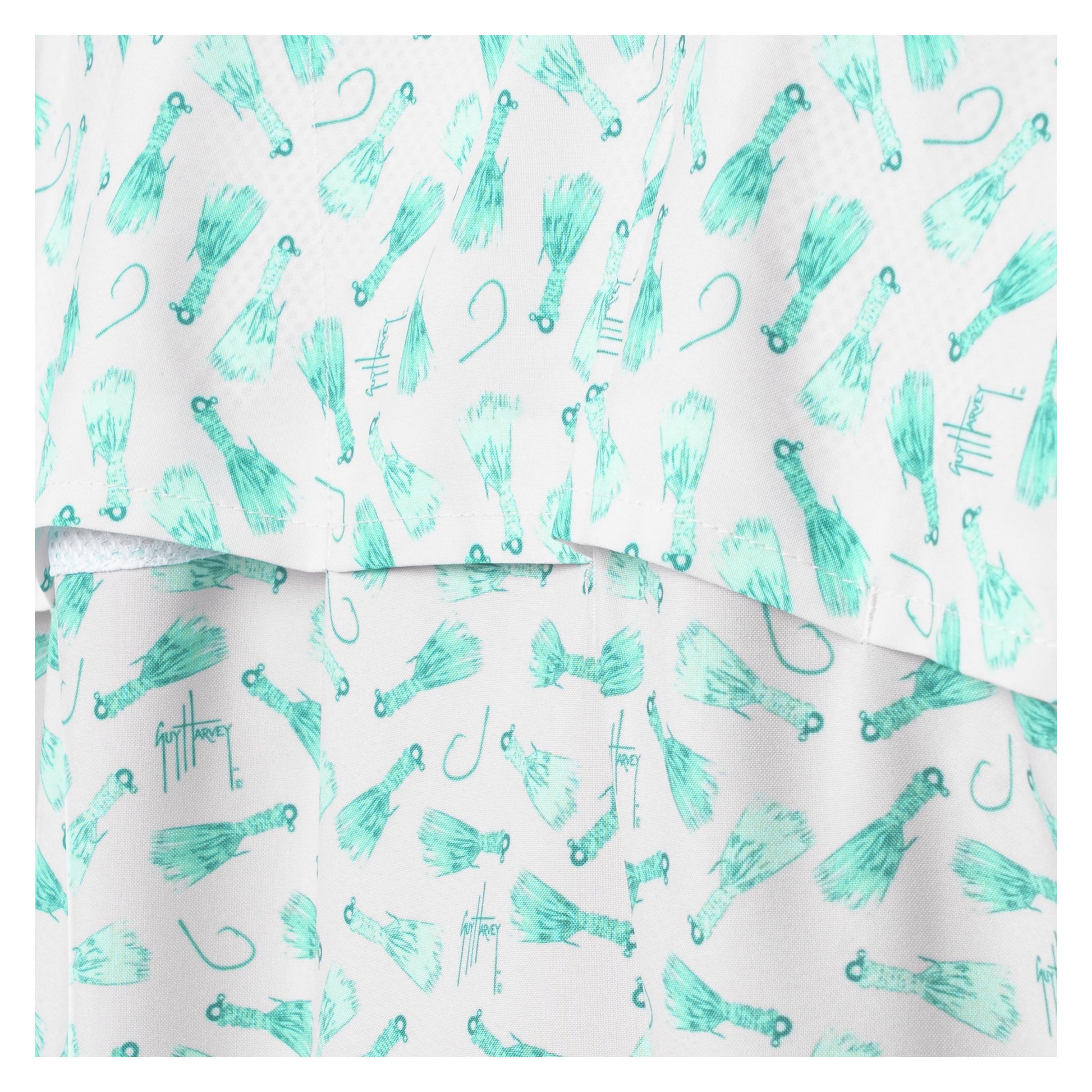 Ventilated Back with the Teal and black patterned fabric on a white background