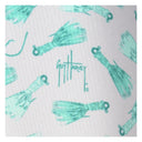 Pattern of turquoise fishing lures with Guy Harvey logo on a white background