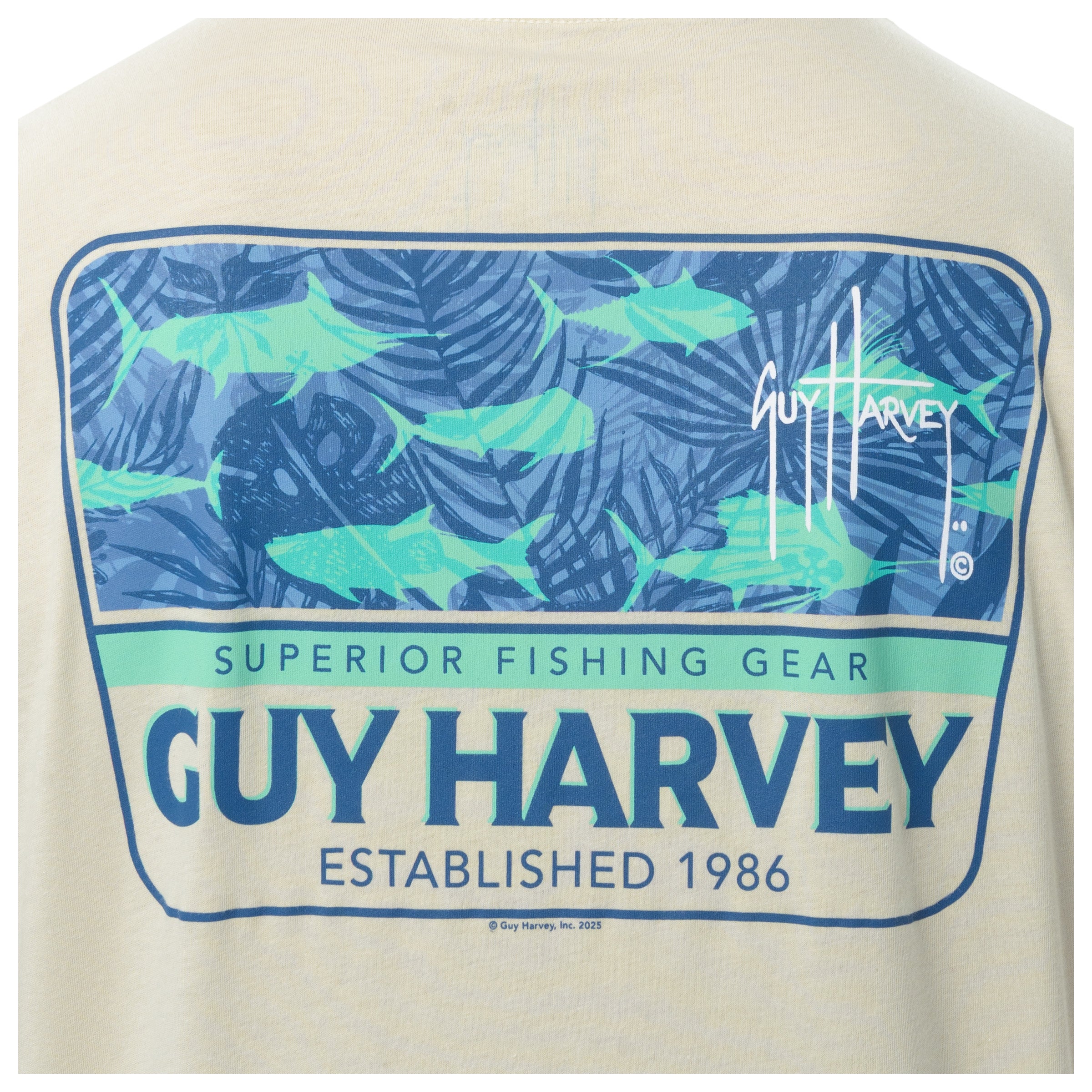 Beige shirt with Guy Harvey logo and fish design