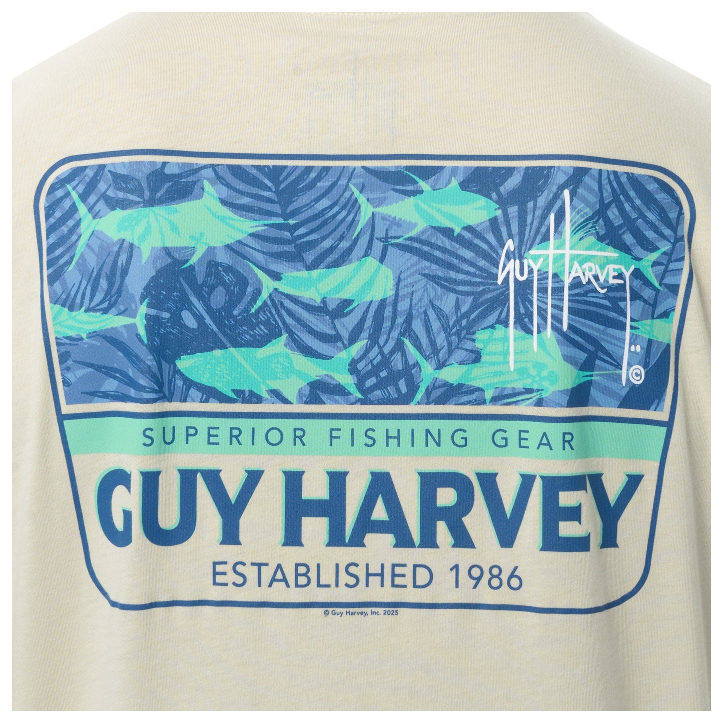 Beige shirt with Guy Harvey logo and fish design