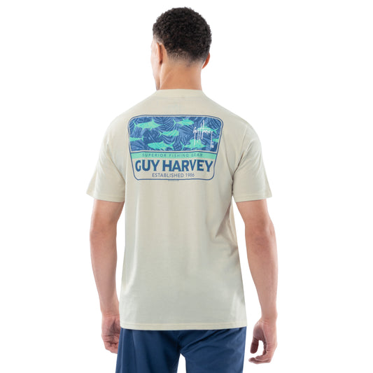 Man wearing a Guy Harvey t-shirt with a fishing graphic on the back against a white background