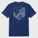 Flat lay image of a blue guy Harvey t-shirt with a bass fish graphic on the back against a white background