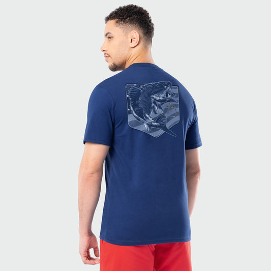Man wearing a blue t-shirt with a bass fish graphic on the back against a white background