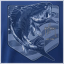 Blue graphic of a bass fish on top of the United States flag with Guy Harvey's signature on a blue background