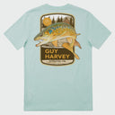 Flat lay image of a light green Guy Harvey t-shirt with a brown trout design on the back.