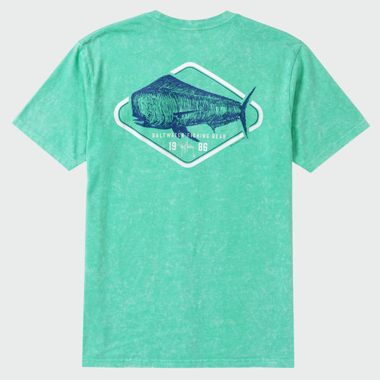 Flat lay image of a green washed t-shirt with a mahi mahi graphic on the back against a white background
