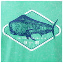 Fish illustration on a green washed background with 'Saltwater Fishing Gear' text