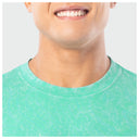 A close-up on the crew neck of the t-shirt