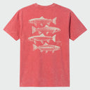 Flat lay image of a red washed t-shirt with white trout fish illustrations on the back against a white background