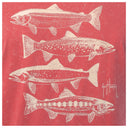 Illustrations of trout fish on a red background with 'Guy Harvey' signature.