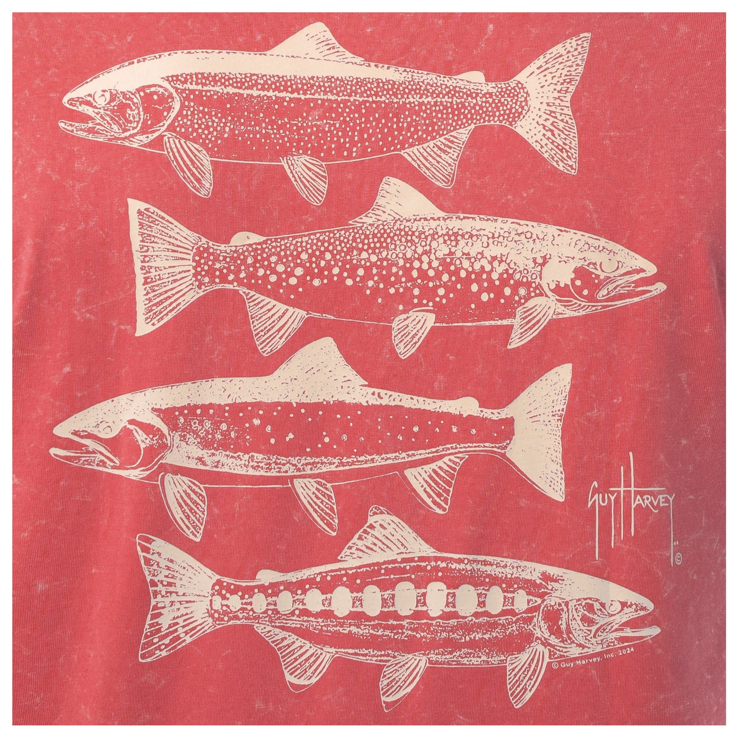 Illustrations of trout fish on a red background with 'Guy Harvey' signature.