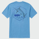 Flat lay of a blue washed t-shirt with a marlin graphic on the back against a light gray background