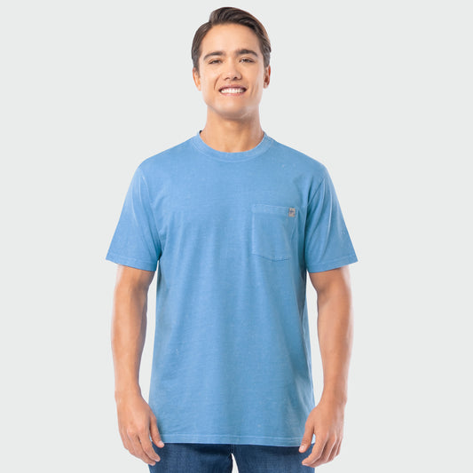 Man wearing a blue t-shirt against a white background