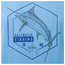Fishing-themed design with a marlin illustration and 'Saltwater Fishing 1986' text on a blue background.