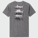 Flat lay image of a gray washed t-shirt with billfish illustrations on the back against a white background