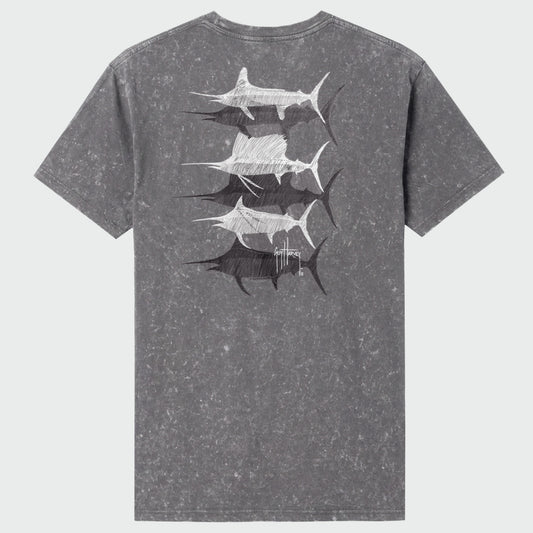 Flat lay image of a gray washed t-shirt with billfish illustrations on the back against a white background