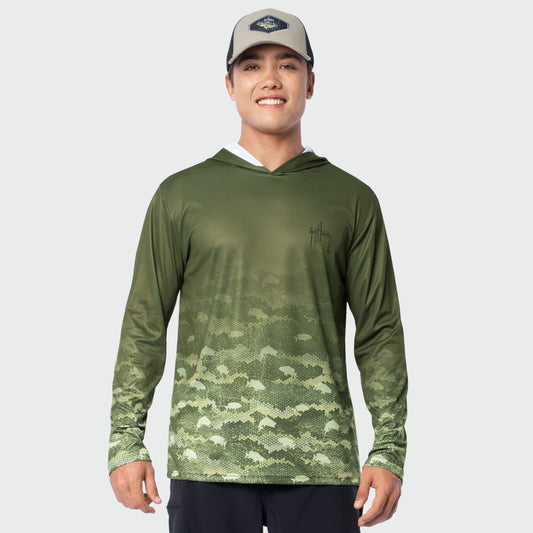 Man wearing a green camouflage sun protection hoodie on a white background