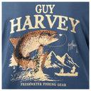 Navy blue t-shirt with Guy Harvey logo featuring a trout and mountains on a white background