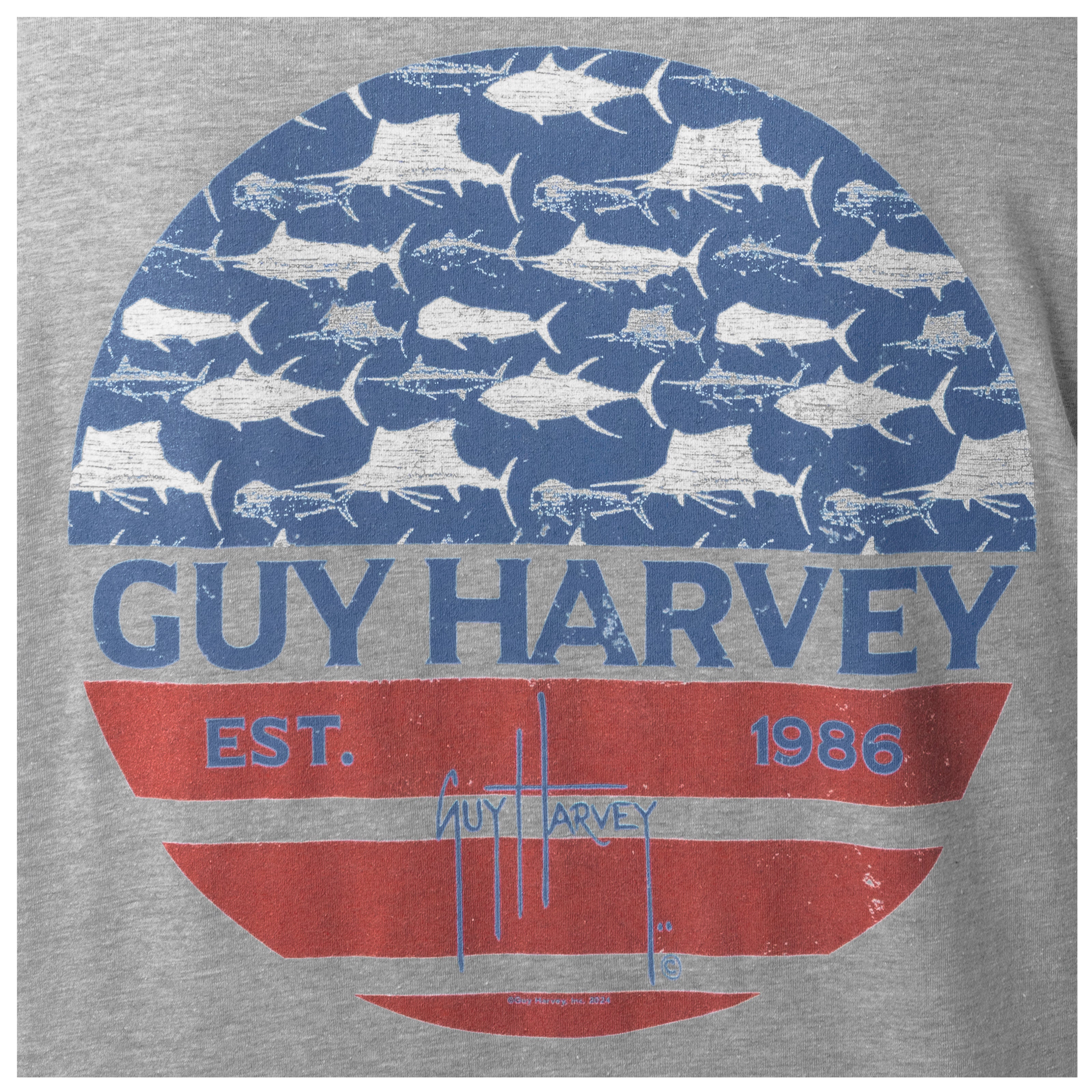 Gray t-shirt with Guy Harvey logo featuring blue and red design on a gray background with billfish and mahi on it.