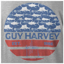 Gray t-shirt with Guy Harvey logo featuring blue and red design on a gray background with billfish and mahi on it.