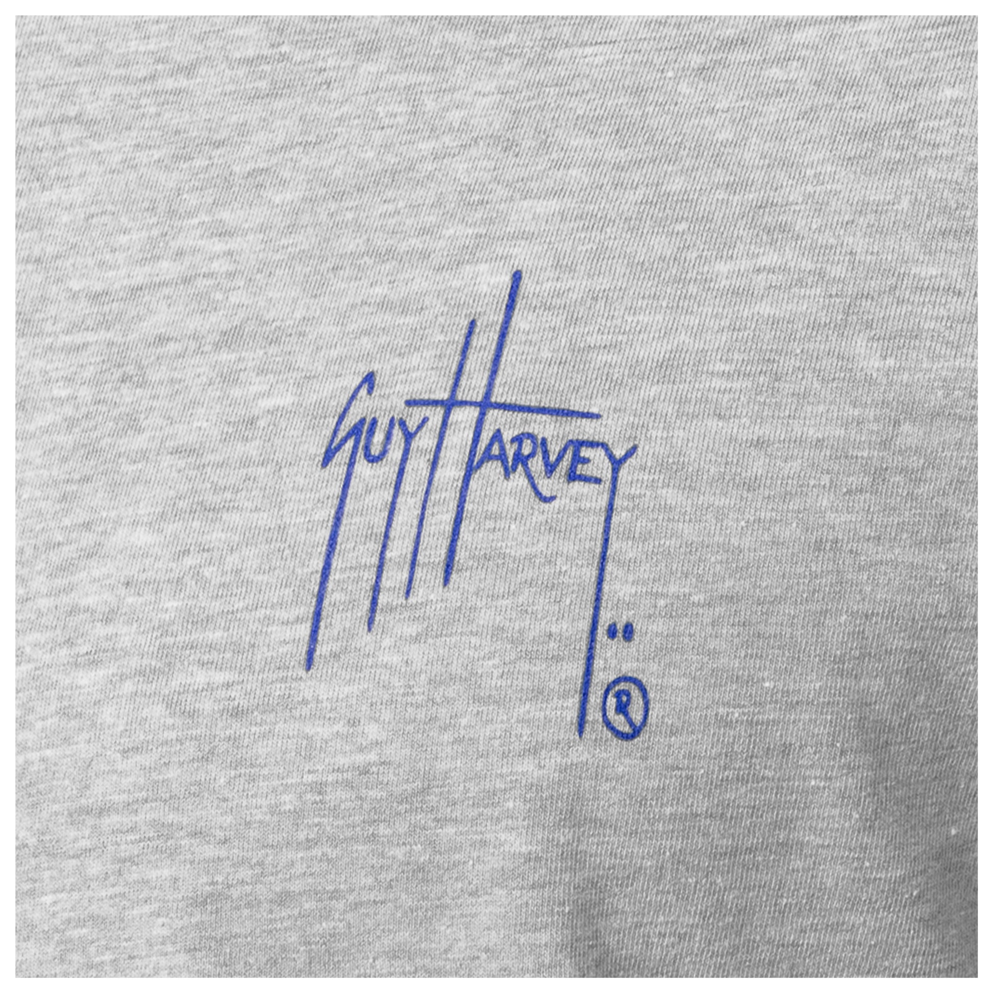 Gray fabric with blue Guy Harvey logo