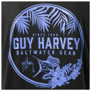 Black t-shirt with blue Guy Harvey logo and graphic of a sailfish and palms 