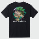 Flat lay image of a black Guy Harvey t-shirt with a bass design on the back.