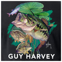Black t-shirt with Guy Harvey fish illustration featuring bass and a small fish.