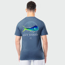 Person wearing a navy Guy Harvey t-shirt with a mahi design on the back against a white background