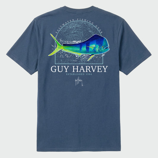 Flat lay image of a navy Guy Harvey t-shirt with a mahi design on the back against a white background