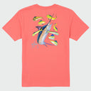 Flat Lay image of a coral Guy Harvey t-shirt with marlin and mahi fish design on the back,  against a light gray background.