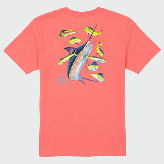 Flat Lay image of a coral Guy Harvey t-shirt with marlin and mahi fish design on the back,  against a light gray background.