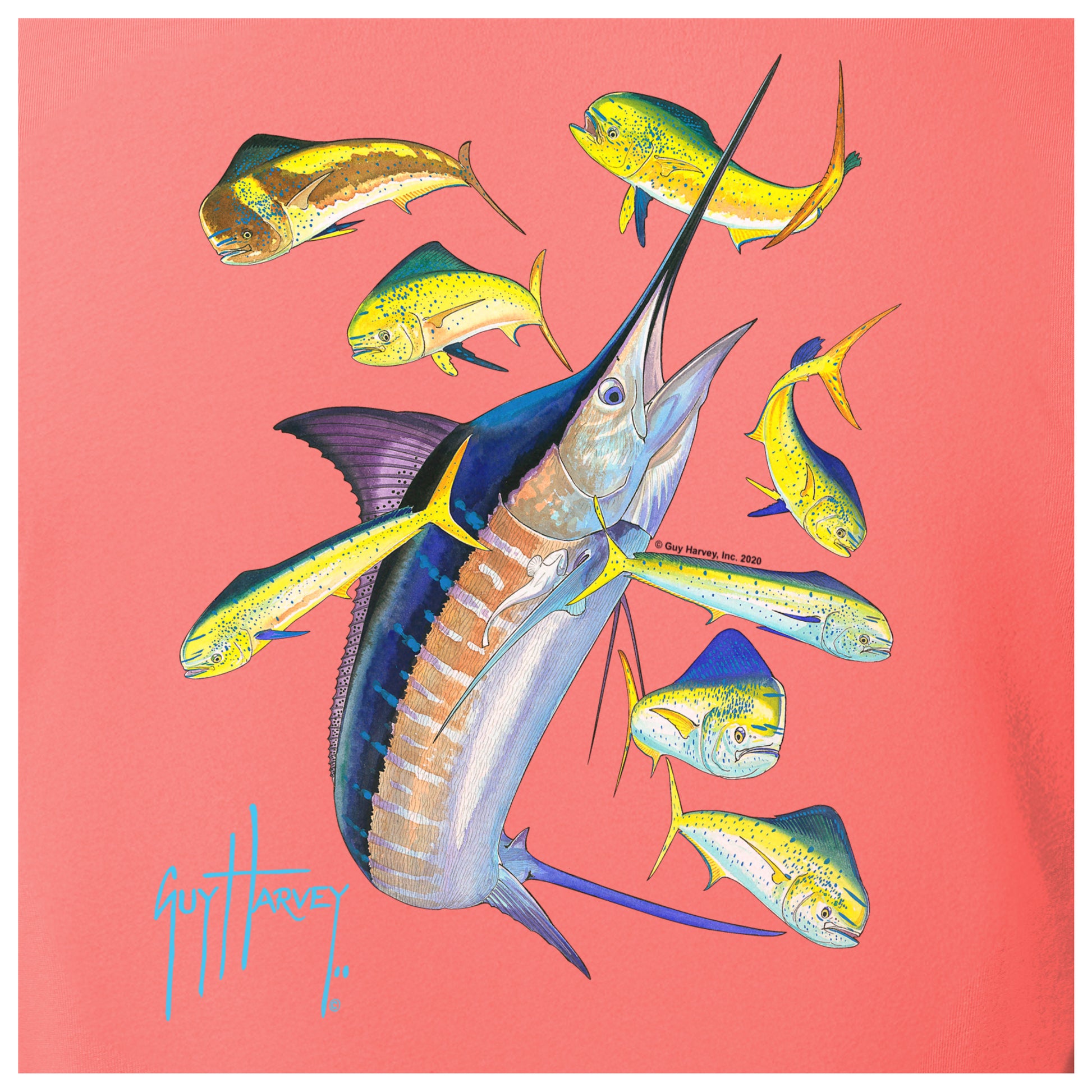 Illustration of a marlin surrounded by mahi fish on a coral background, signed by Guy Harvey.