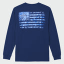 Flat Lay image of a blue long-sleeve Guy Harvey shirt with an American flag graphic design on the back against a light gray background