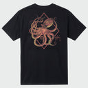  A flat lay image of a black Guy Harvey pocket t-shirt with an octopus design on the back, against a light gray background.